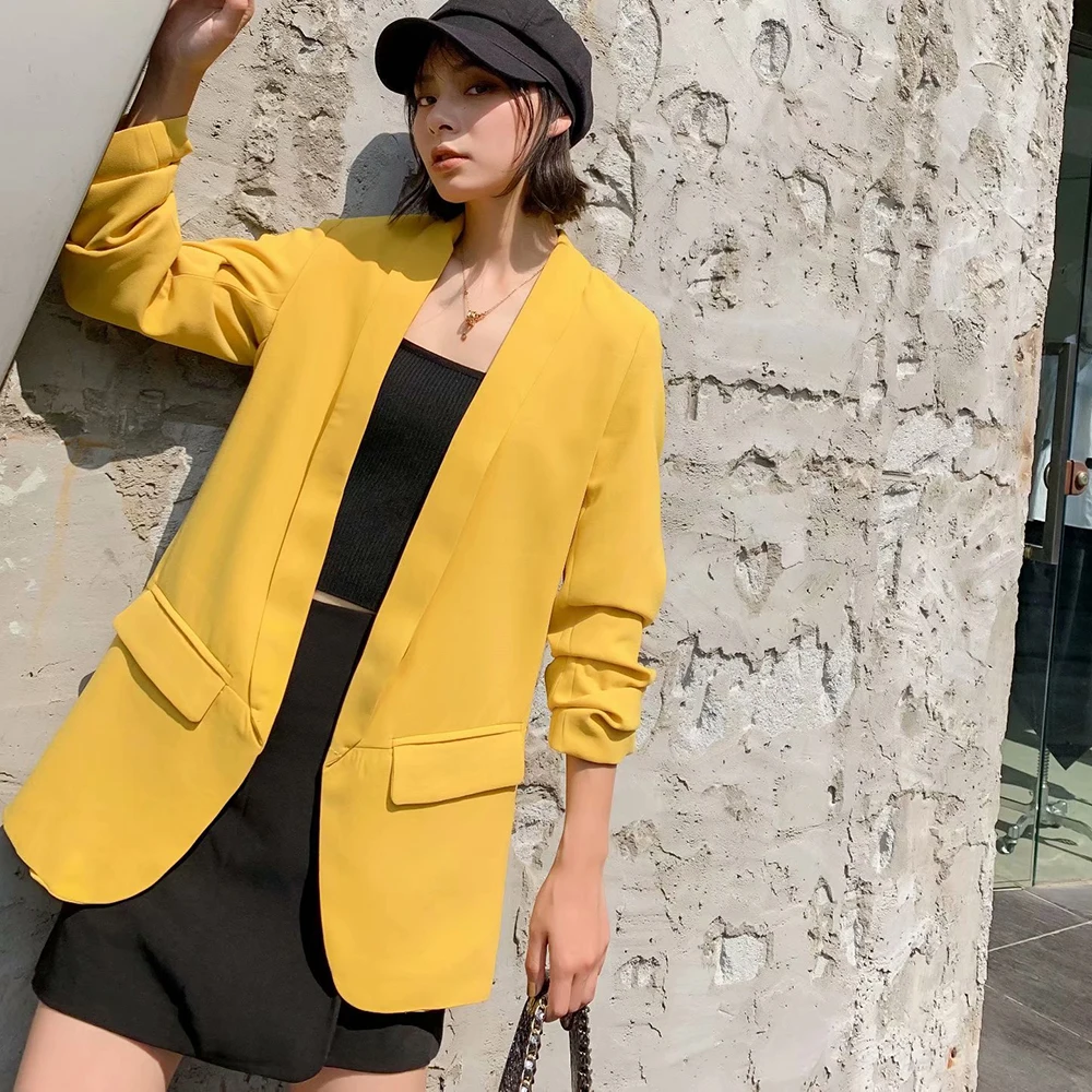

Colorfully Solid No Button Blazer Women Fashion Slim Three Quarter Sleeve Suit Coat For Woman 2019 New Cthink Good Quality Suits