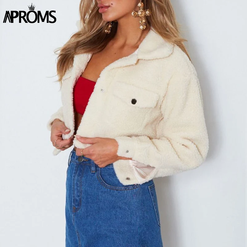 Aproms Elegant Solid Color Cropped Teddy Jacket Women Front Pockets Thick Warm Coat Autumn Winter Soft Short Jackets Female 2019
