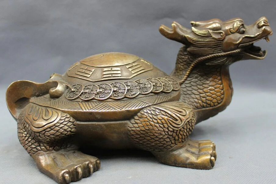 

song voge gem S3211 10" Chinese Bronze Copper Folk Trigram Wealth Coin Dragon Tutle Statue Sculpture