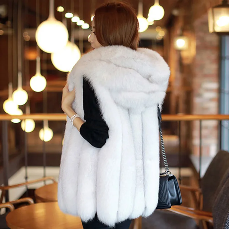 Faux Fur Coat Winter Women Casual Hooded Warm Slim Sleeveless Faux Fox Fur Vest Thick Jacket Coat Women Casaco Feminino Tanks