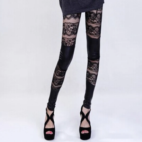 

Fashion New 2017 Women's Sexy Gothic Punk Lace Faux Leather Stretch Pants Leggings Black High Quality