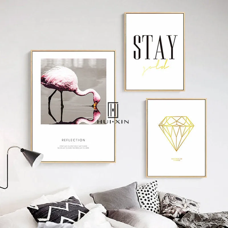 

Modern Fashion Canvas Paintings Wall Art Pink Flamingo Clouds Green Leaf Diamond Letters Decorative Pictures For Home Decor