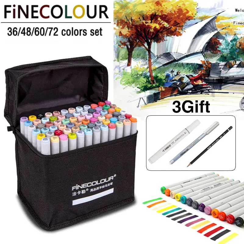 FINECOLOUR двуглавый Эскиз маркер ручка на спиртовой основе искусство 36 48 60 72 цвета живопись набор манга Рисование дизайн поставки