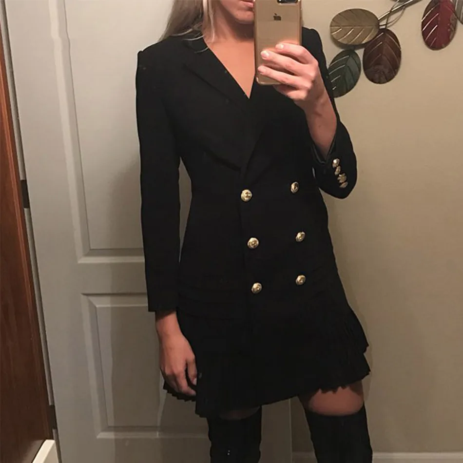 

Seamyla 2019 New Fashion Long Sleeve Women Blazers High Quality Notched Double Breasted Gold Button Runway Designer Dress Coat