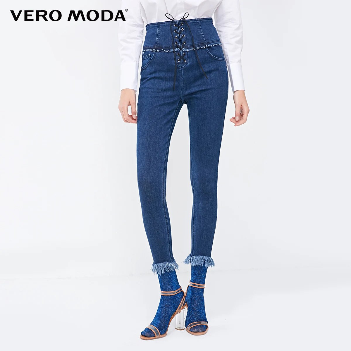 Vero Moda новые женские уличные стиль на шнуровке с высокой талией стрейч облегающие укороченные джинсы | 318349527 - Цвет: Dark blue denim