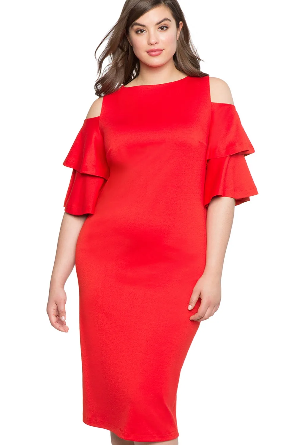 Red-Plus-Size-Flounce-Sleeve-Cold-Shoulder-Dress-LC610319-3-1