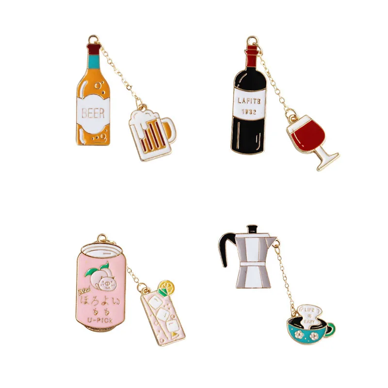 

Cute Cartoon Funny Enamel Coffee Cup Red Wine Juice Beer Brooch Jean Bag Button Badge Pins For Women Girl Part Jewelry Gift
