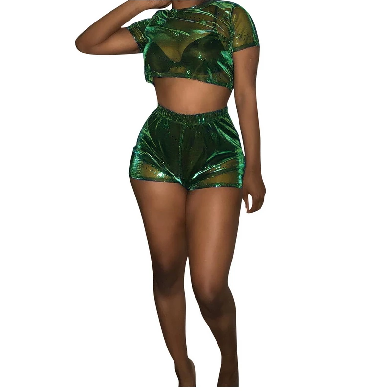 

Summer Style Mesh Two Piece Set Short Sleeve Crop Top And Shorts Sets Sexy Perspective Bodysuit Transparent Playsuits Casual