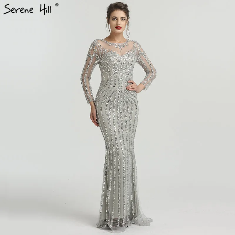 

Grey Luxury Long Sleeves Sparkly Evening Dresses Mermaid Sexy Diamond Beading Evening Gown 2019 Robe De Soiree BLA6591