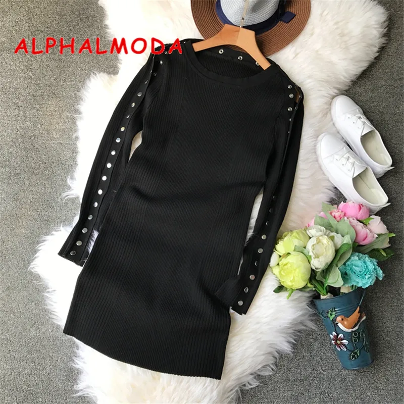 

ALPHALMODA Buttons Sleeve Pullovers Women Knitted Dress Long-sleeved Women Graceful Autumn Winter Bottom Knit Vestidos