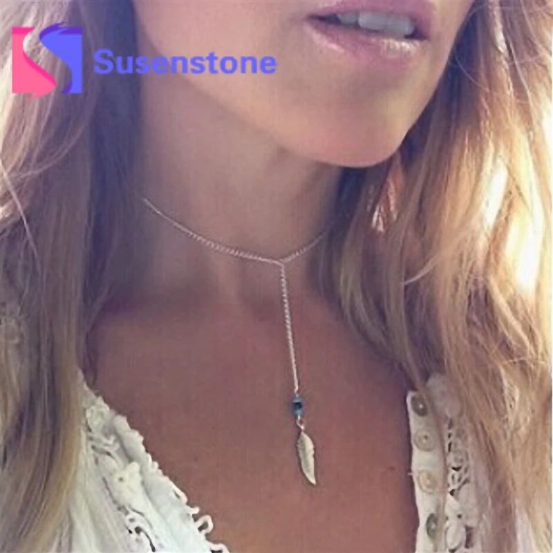 

2019 Hot Bohemian Style Women Silver Color Feather Tassel Pendant Chain Statement Necklace Jewelry Accessory Wholesale All Match