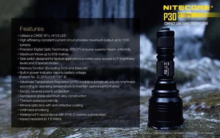 NITECORE P30 вспышка светильник CREE XP-L HI V3 светодиодный макс. 1000 лм 8 режимов работы луч distane 618 м светодиодный фонарь наружный спасательный светильник