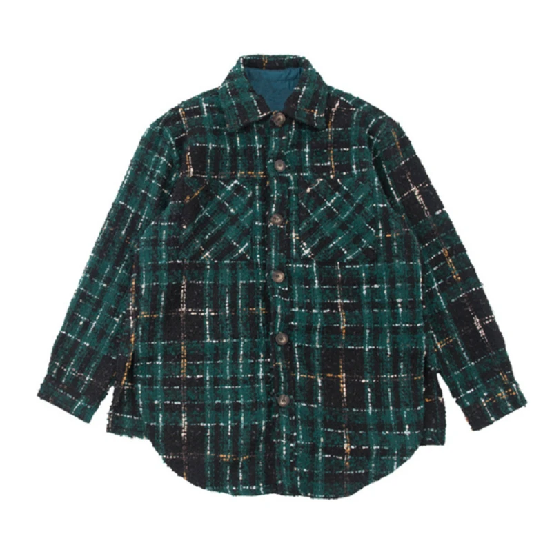 

Cropped Hem Check Pattern Tweed Overshirt Side Slits Styling Turn Down Collar Shirts