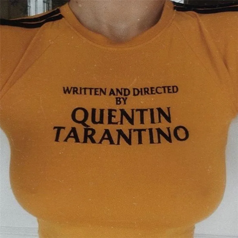InstaHot Квентин Тарантино топы с принтом женские короткие футболки топы с полосками сбоку хлопковые трикотажные безрукавки лета2018 желтые брендовые топы