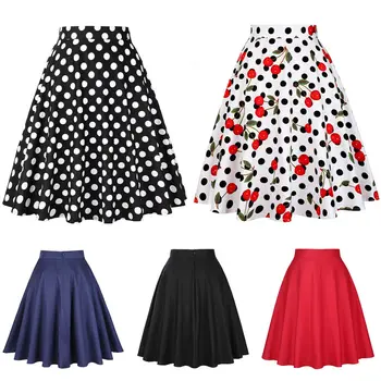 

Summer Women High Waist Skirt Sundress Pure Color Wave Dot Cherry Dress S-XXL US