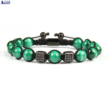 

Ailatu 8mm Natural Malachite Bracelets Gems Stones with Black Cz Cubic Beads Braiding Jewelry