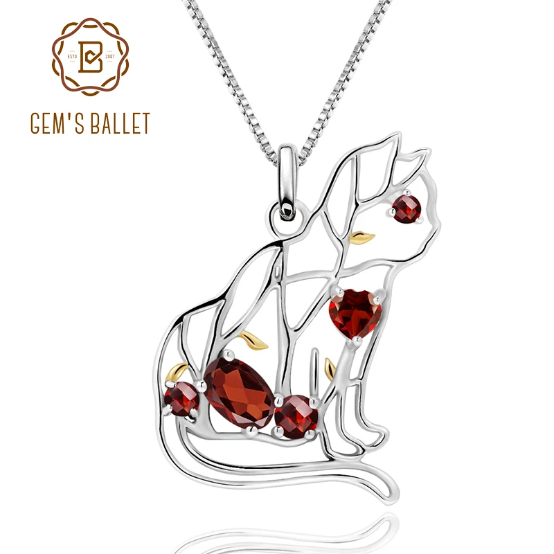 

GEM'S BALLET Natural Red Garnet Gemstone Fine Jewelry 925 Sterling Silver Handmade Cute Cat Pendant Animal Necklace For Women