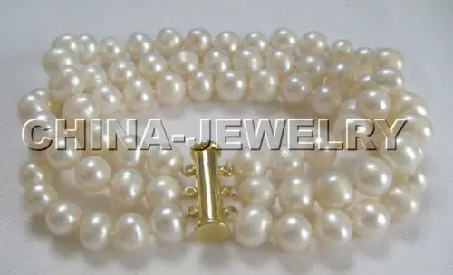 

Beautiful 3row 8" natural white round 8mm freshwater pearl bracelet@^Noble style Natural Fine jewe SHIPPING new >>free shipping