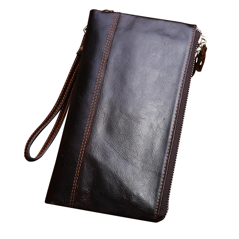 

Vintage Men Wallet Genuine Leather Soft Clutch Double Zipper Long ID Card Holders Multifunction Luxury Business Purses Male