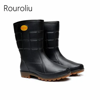 

Rouroliu Men Winter Non-Slip Thick Warm Rain Boots Mid-Calf Black Work Shoes Autumn Waterproof Water Shoes Wellies RT379