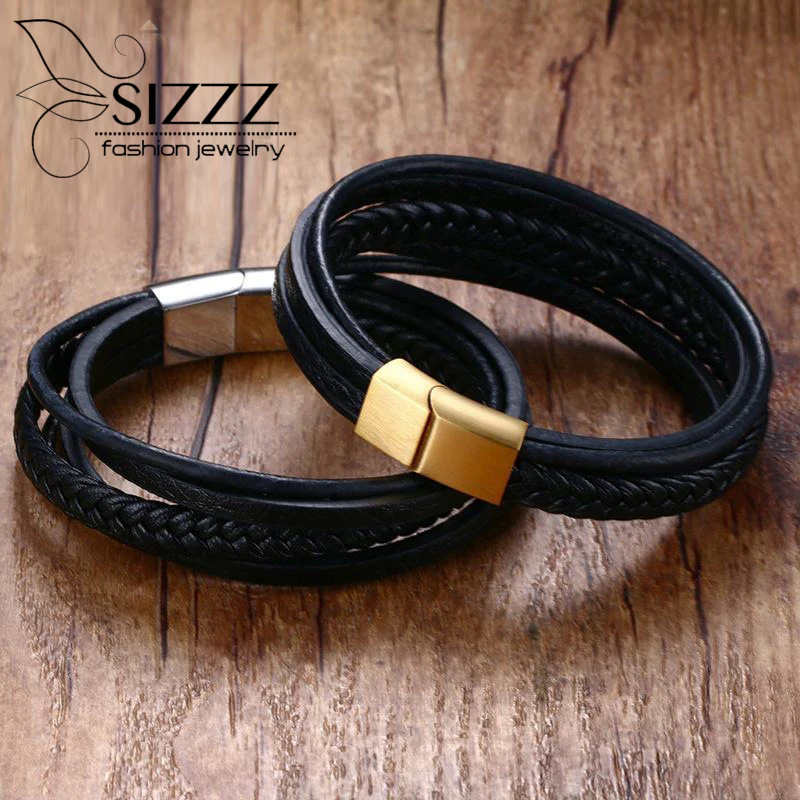 

Sizzz 2017 New arrival Men Jewelry Punk Black Braided Geunine Leather Bracelet Stainless Steel Magnetic Buckle Fashion Bangles