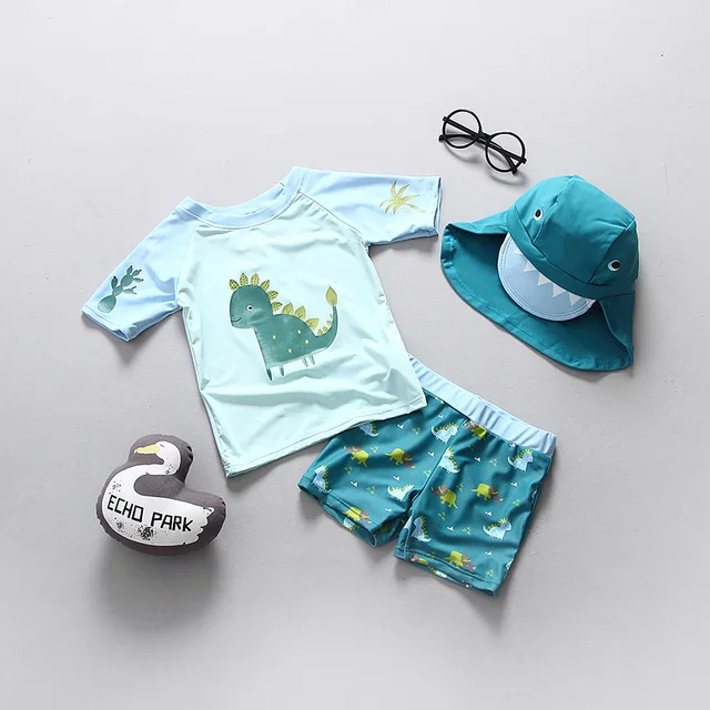 Best Price Children's Swimsuit Two Piece Sunscreen Swimsuit Baby Boys Summer Beach Bathing Suit Kids Cartoon Dinosaur Swimwear With Cap