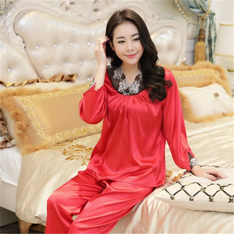 Женские кружевные шелковые пижамы, наборы, атласные весенние осенние пижамы с длинными рукавами, набор с бутылкой шампанского L-3XL - Цвет: women big red
