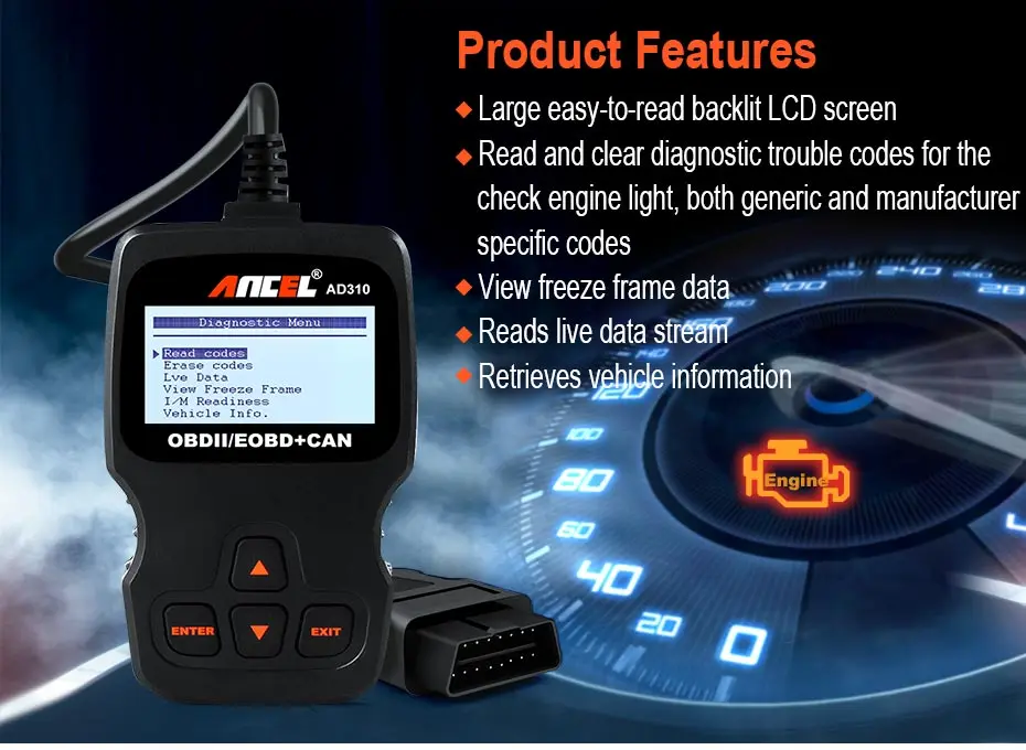 Ancel AD310 OBD2 сканер Автомобильный анализатор двигателя инструмент OBD 2 OBDII считыватель кодов Авто сканер инструмент автомобильный диагностический инструмент для автомобиля