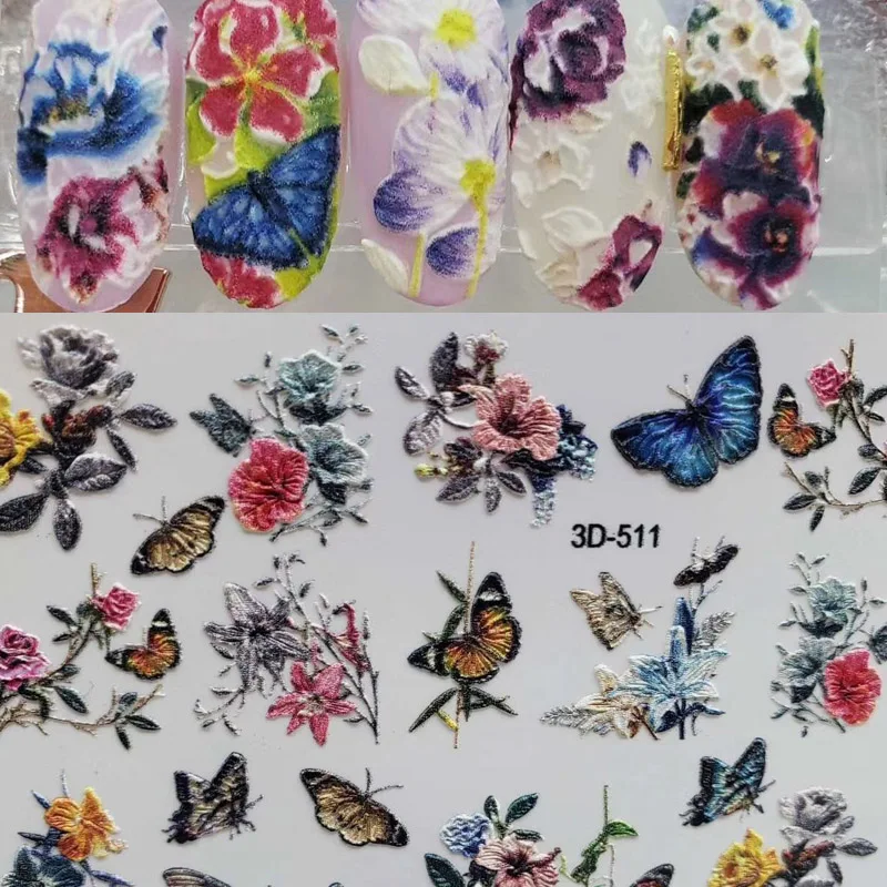 

3D Acrylic Engraved flowers leaves Nail Sticker Embossed Ice Cream Bouquet Water Decals Empaistic Nail Water Slide Decals