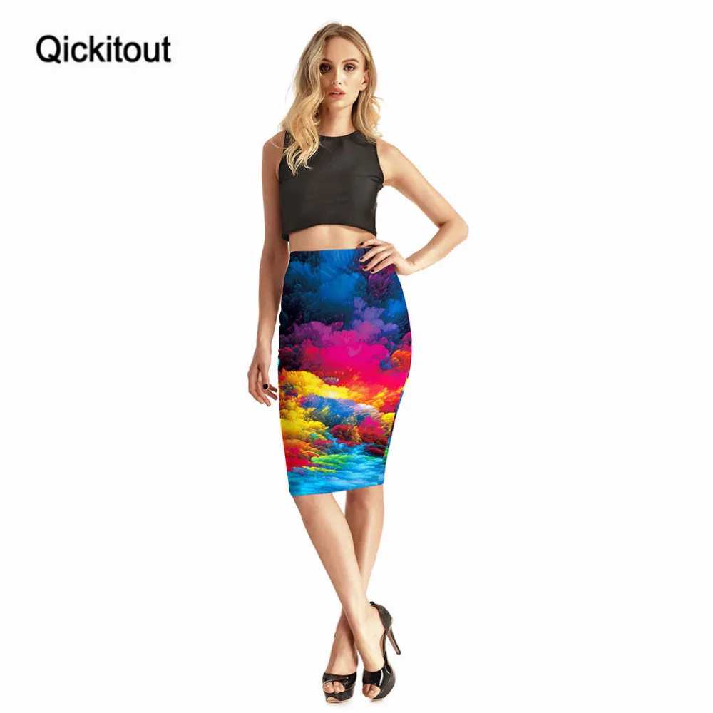 Qickitout посылка, модная юбка, Новое поступление, женские юбки с 3D принтом, сексуальные юбки с высокой талией, цветная, с принтом неба, посылка на бедрах