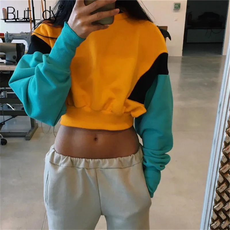 Long Sleeve Patchwork Sexy Short Sweatshirt Women Autumn Winter 2018 Cropped Pullovers Sweatshirts Fashion Oversized Hoodie Tops Hoodies