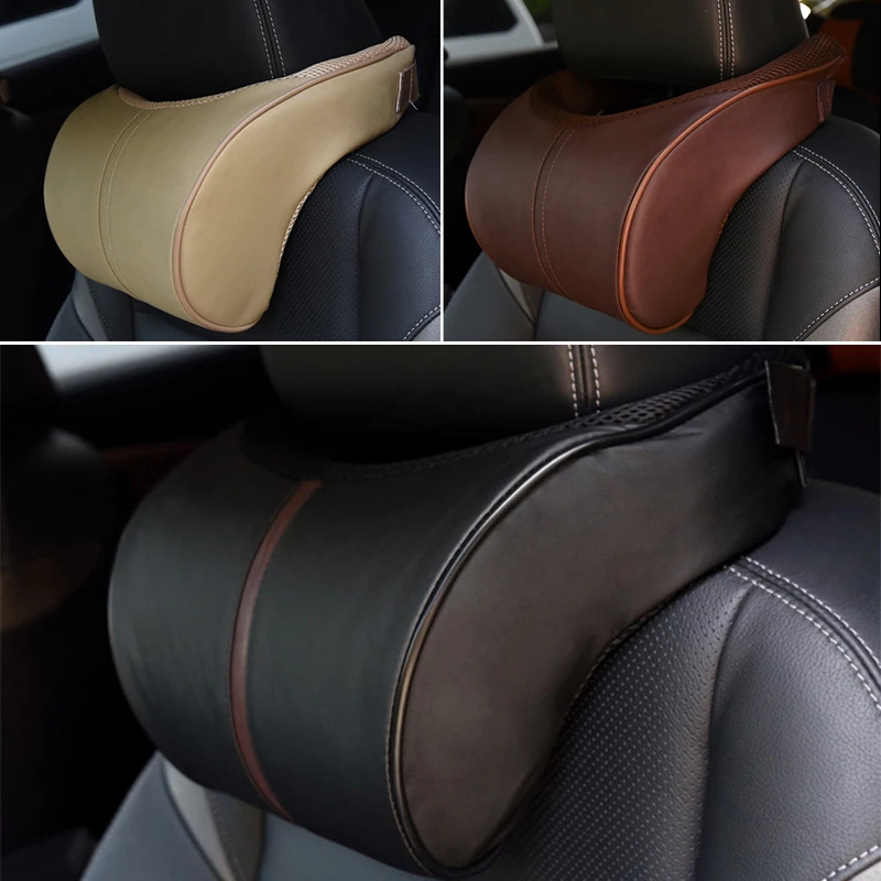 

1PCS PU leather Car Neck Pillow Black Coffee Beige Auto Headrest Ergonomic Memory Foam Pillow Comfortable Automobile Cushion Pad