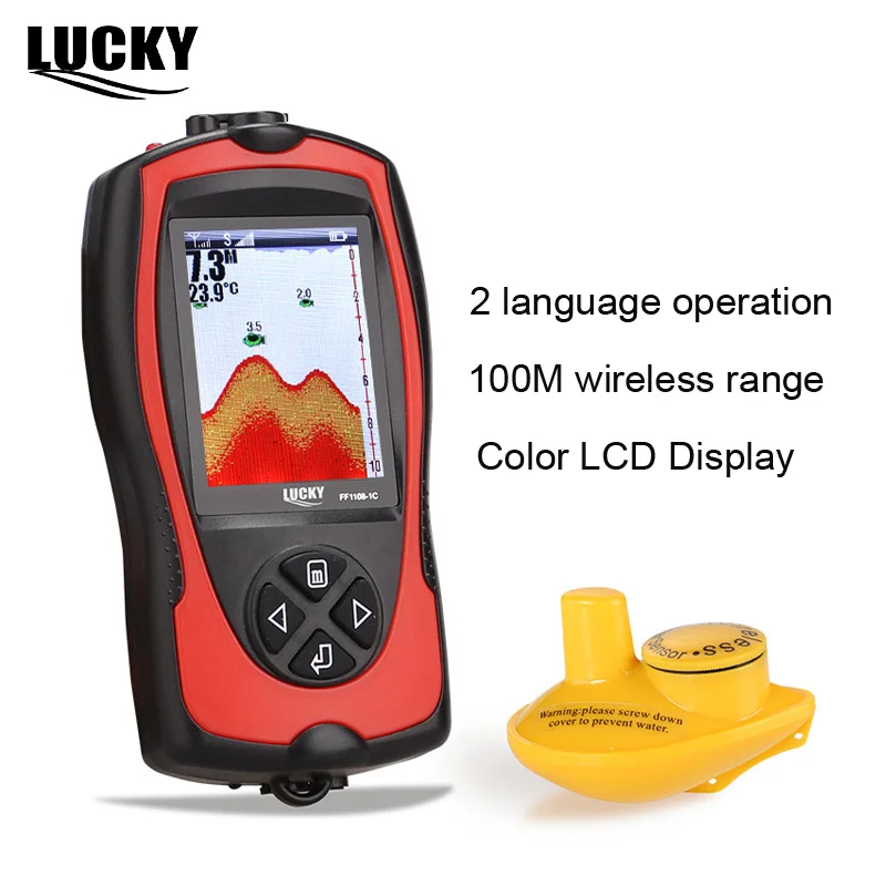 

LUCKY Color Fish Finder English Russian Fishfinder Wireless Echo Sounders Sonar Transducer Depth Locator Fish Alarm FF1108-1CW