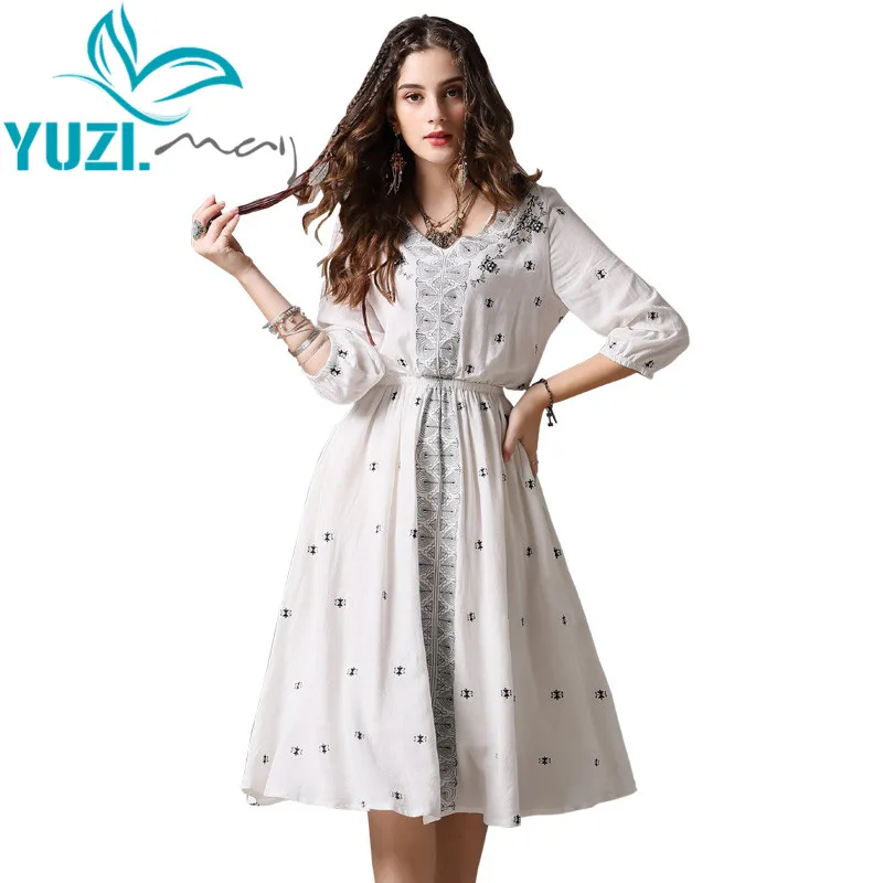 

Summer Dress 2018 Yuzi.may Boho New Cotton Vestidos V-Neck A-line Three Quarter Lantern Sleeve Vintage Dresses Female A82101