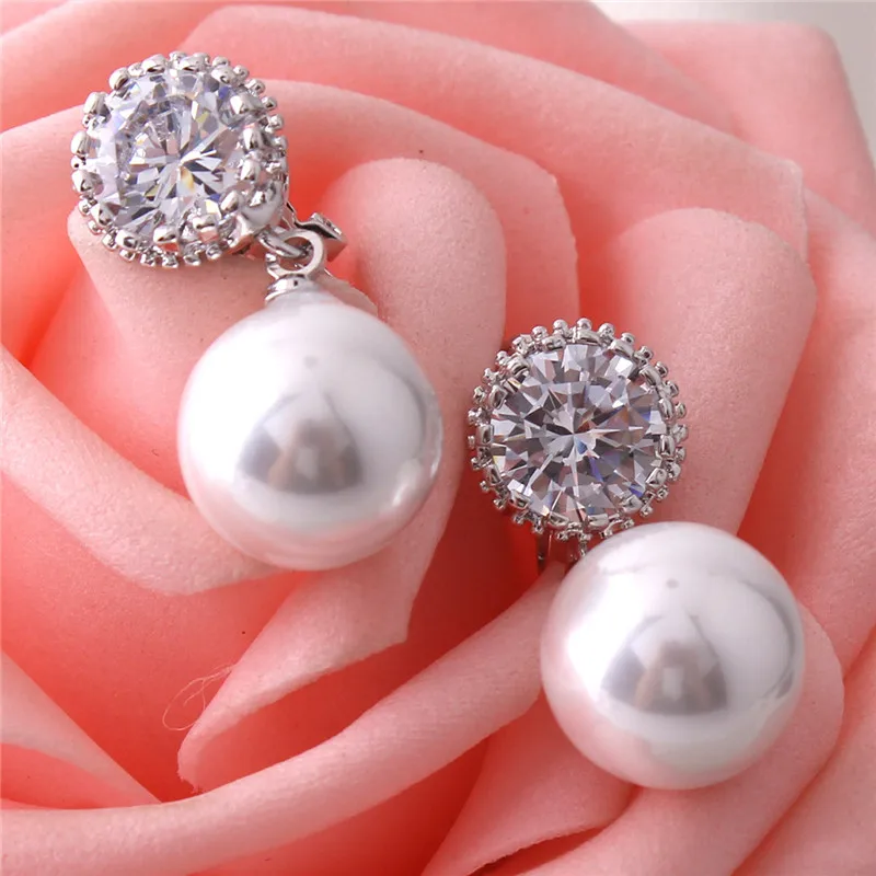 Round Shape AAA Cubic Zircon Simulated Pearl Clip on Earrings Non Piercing for Women ear clip earrings clip earrings ear clip