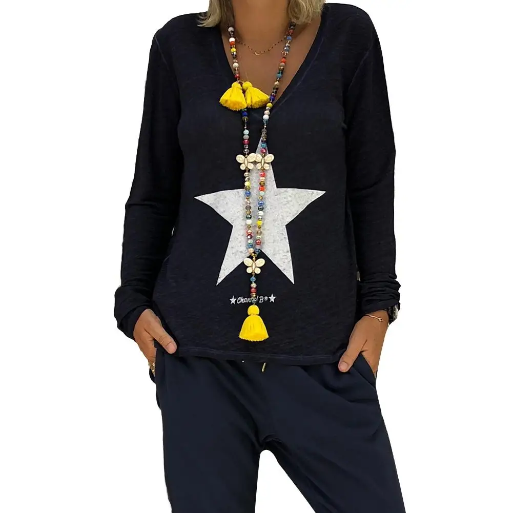 

Spring Summer Tshirt Female Clothing Tops Star Print Plus Size Women Casual V-neck Long Sleeve Office Lady T-Shirt Loose Top Tee