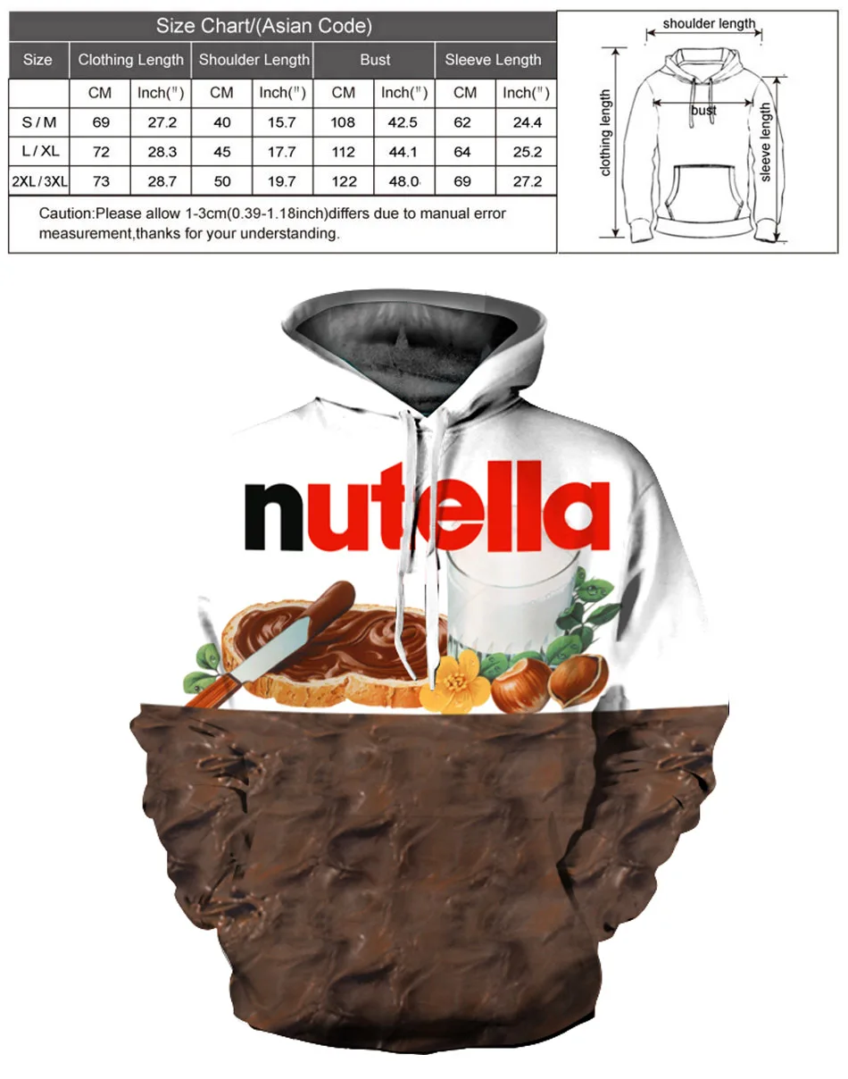 EHUANHOOD Новая мода 3D толстовки для женщин/мужчин Толстовка с принтом Nutella еда хип хоп Повседневный стиль брендовые пуловеры Топы