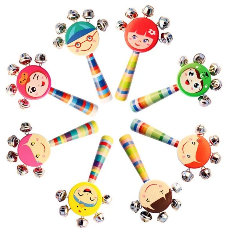 1 pcs Kids Wooden Ball Rattle Toy Cartoon Hand Rattle Educational