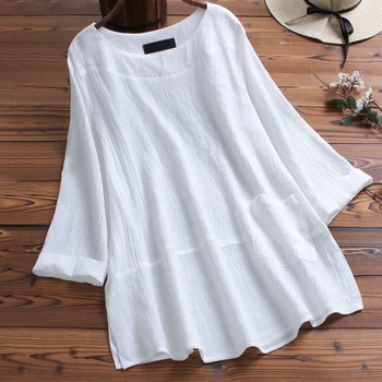 

Plus Size Vintage Women Spring Long Sleeve Ruffles Blouse Cotton Linen Shirt Casual Solid Top Femininas Work Blusas