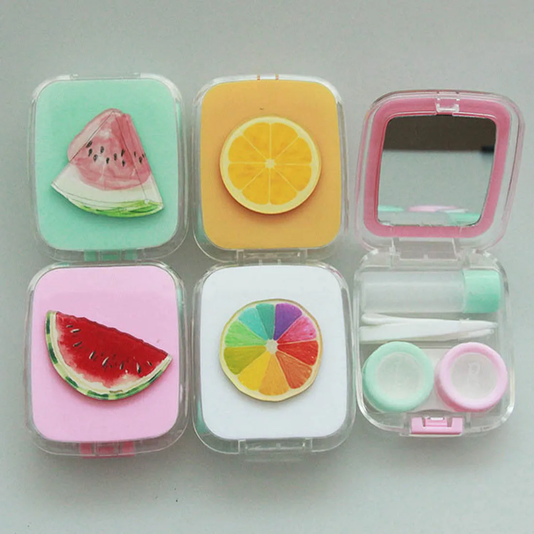 

HOT Eshylala-Fashion Portable Square Contact Len Storage Box Fruit Len Case Fuirt Mini Container Holder With Mirror Tweezer Set