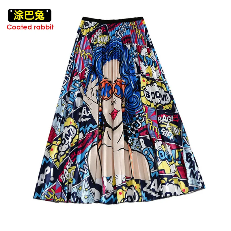 

CR 2019 Autumn Pleated Skirt Female Europe Fashion Cartoon Print Casual Women Skirt Elasticity Waist Style Skirts Plus Size
