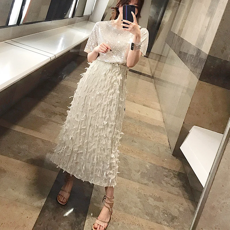 Стильная Корейская версия свежей милой женской плиссированной юбки с перьями и кисточками, прямые женские юбки