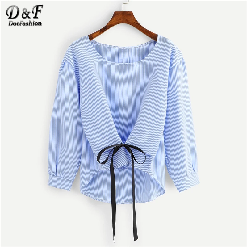 

Dotfashion Blue Knot Front Striped Dip Hem Blouse Women Casual Summer Tops Long Sleeve Clothing Asymmetrical Pullovers Shirt