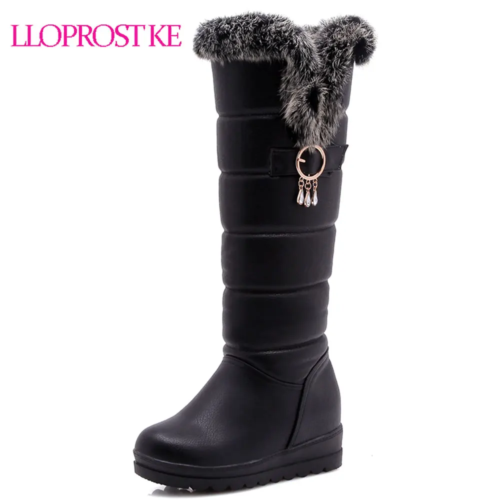 

Lloprost ke Knee High Boots Red Winter Shoes Warm Women Snow Boots Height Increasing Ladies Wedges Boots Plush Plus Size 42 D653