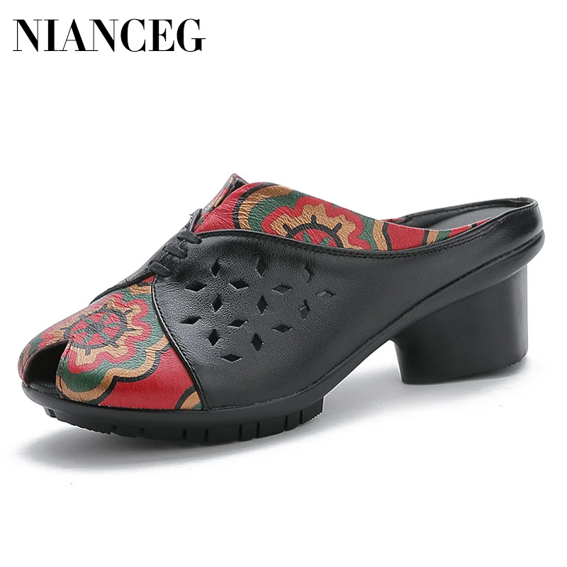 

Women Slippers 2019 summer leather sandals thick with women's shoes national wind flowers fish mouth sandals mother shoes ladies