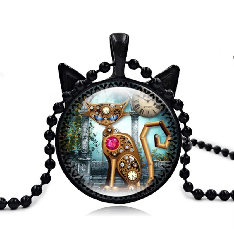 2017 Vintage Jewelry Mechanical Cat Charm Necklace Clock Necklaces &amp Pendants Silver Chain for Women bijoux chat | Украшения и