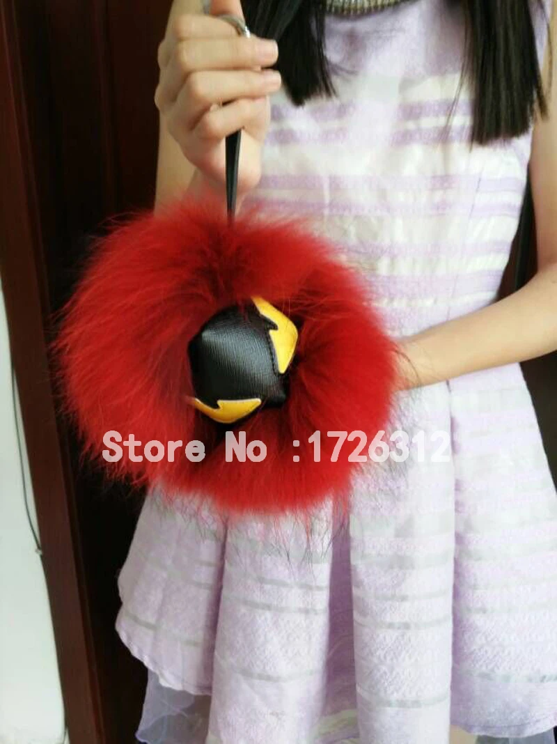 Black leather wallet Pom Pom real fur monster doll keychain charm golf cart bag pendant strap