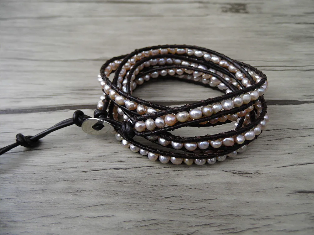 Boho 5 Обёрточная Бумага браслет Цыганский кожа Обёрточная Бумага браслет пресной водой, жемчужные бусы, браслет натуральный камень украшения дружбы подарок