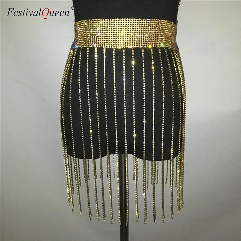  FestivalQueen sexy shiny rhinestone tassel skirt women luxury hollow out diamond metal chain empire
