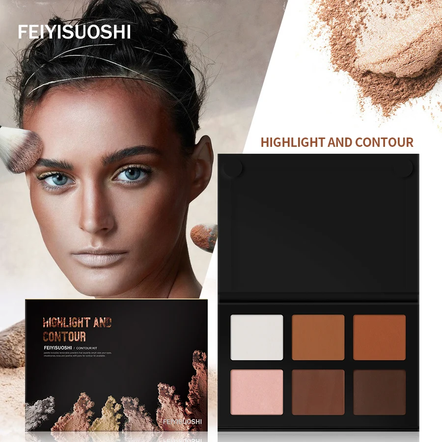 FEIYISUOSHI 6 Colors Pro Light Medium Contour Kit Bronze Glow Pressed Powder Palette Highlighter Bronzer Contouring Makep Set